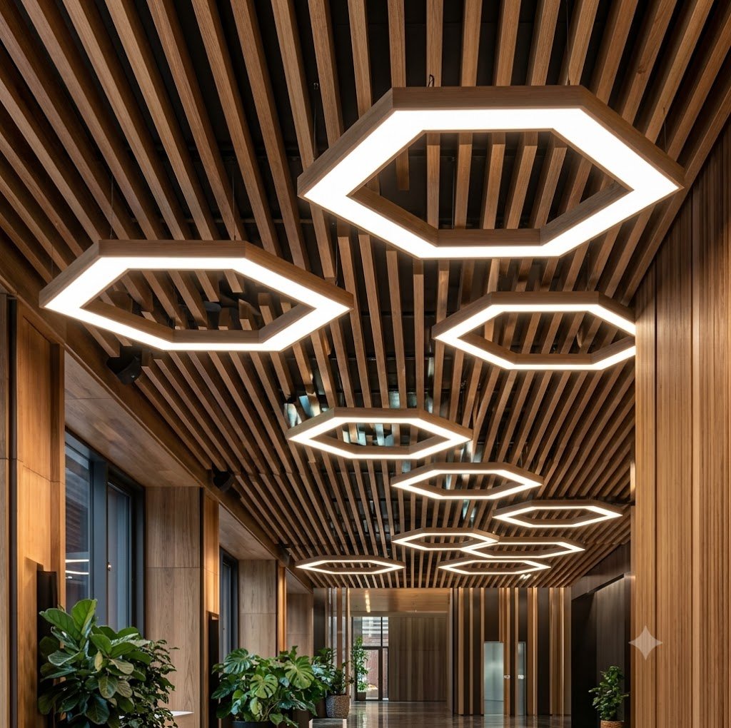 AARKA wooden hexagonal LED ceiling lights in a modern interior